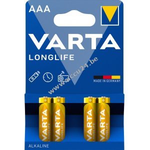 Varta Batterijen AAA LR03 Alkaline Micro Longlife 1,5V Blisterverpakking van 4